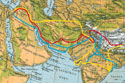 На карте желтой линией показан путь Иссы на Восток, красной – обратный путь из Лхасы, синей – другие возможные варианты пути.